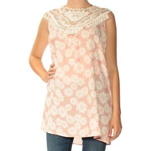 KMC Womens Pink Floral Sleeveless Illusion Neckline Tunic Top Size: M